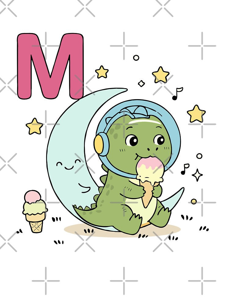 Cute Dinosaur Alphabet M – Kawaii Dino on Moon with Ice Cream by MeeraArts&Crafts