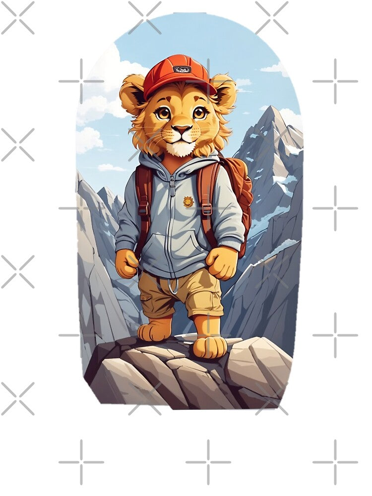 Young lion cub hiking in the mountains enjoying the view cartoon comic graphic for kids by CedricNorbinho