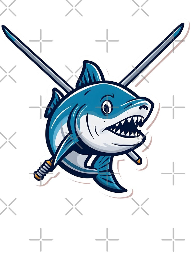 Savage Shark Warrior with Crossed Swords – Cartoon Predator Illustration by Kavya Art
