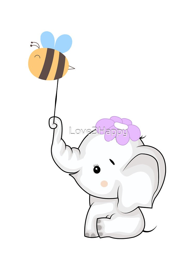 Baby Elephant with Flower and Bee - Cute White Elephant with Friendly Bee by Love3Happy
