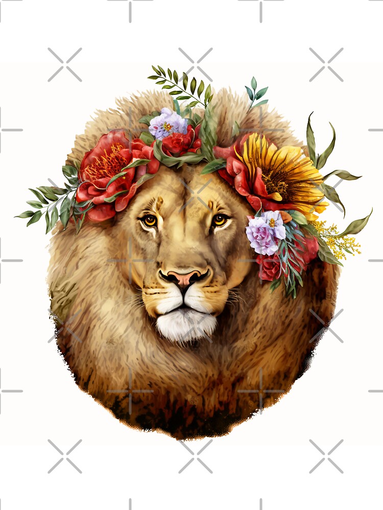 Lion with Flowers in Mane watercolor portrait painting of the lion by adlydesigns