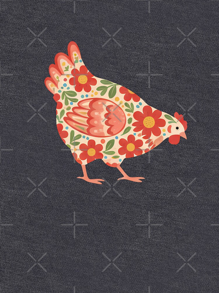 Floral Chicken in Red and Orange – Scandinavian Folk Art by heidiannemorris © by FOLK ART FUSION by heidiannemorris
