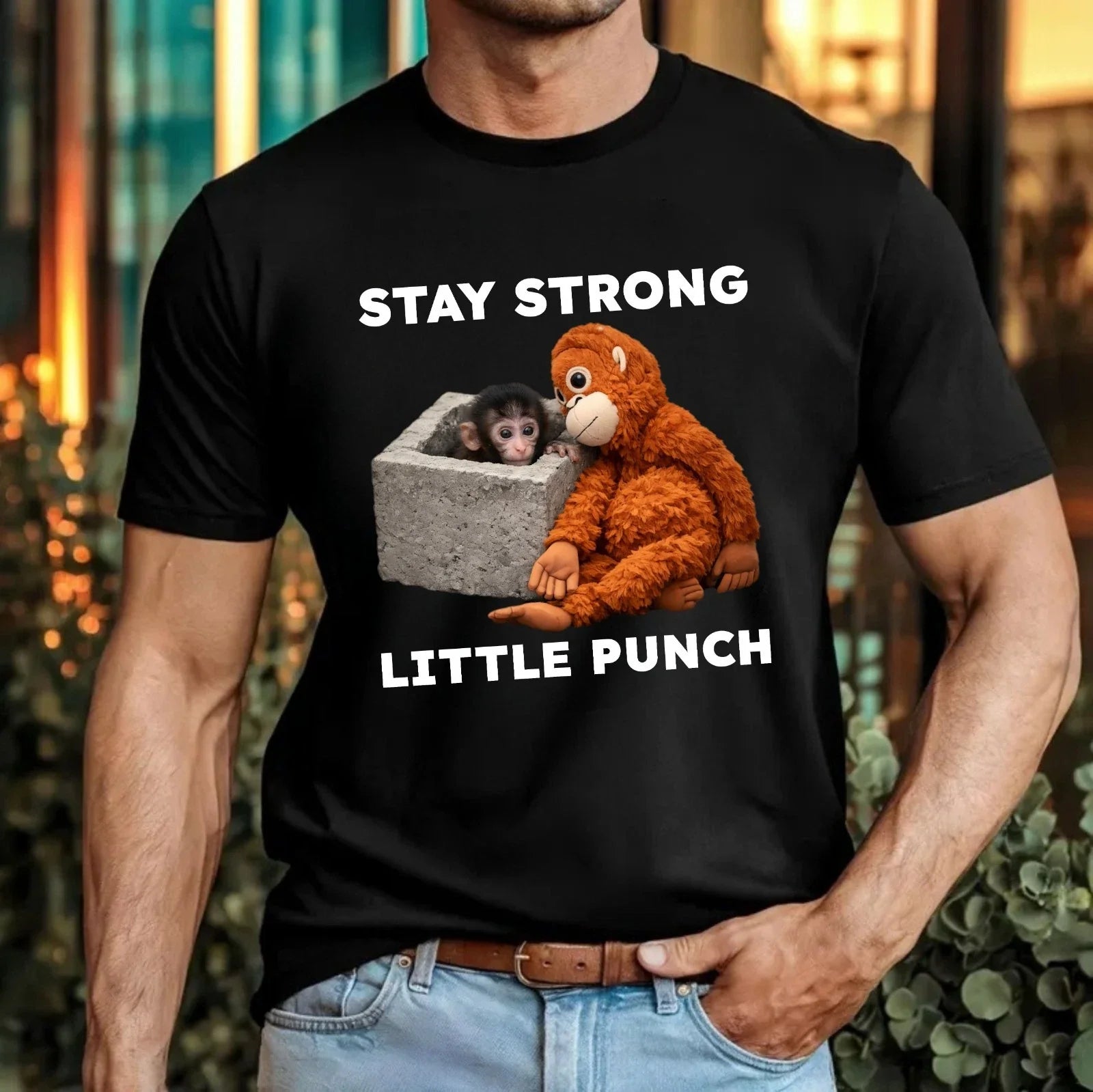 Stay Strong Little Punch Monkey T-Shirt Viral Meme Emotional Support Gift Top