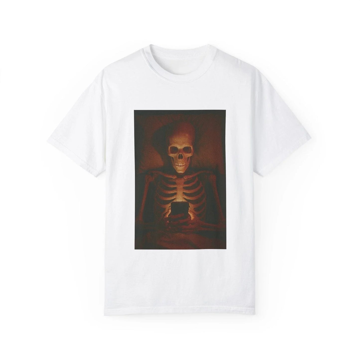 Skeleton on Phone T-Shirt Funny Dark Humor Graphic Tee Addicted to Social Media