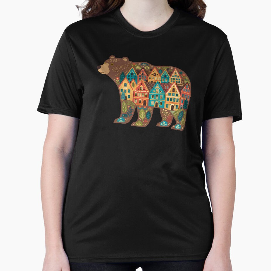 Brown Bear Silhouette with Bryggen Townscape – Scandinavian Folk Art by heidiannemorris © by FOLK ART FUSION by heidiannemorris