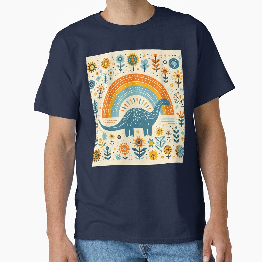 Cute Brontosaurus Dinosaur with Rainbow and Flowers - Scandinavian Folk Art by heidiannemorris © by FOLK ART FUSION by heidiannemorris