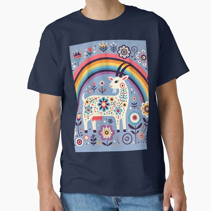 Scandinavian Folk Art Cute Nanny Goat and Rainbow by heidiannemorris © by FOLK ART FUSION by heidiannemorris