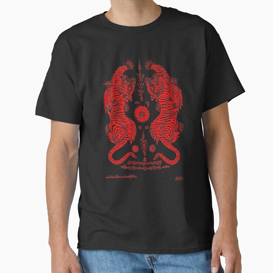 Thai traditional art of Talisman Tiger Leap (Tiger pairs) Red color. by AmornGallery