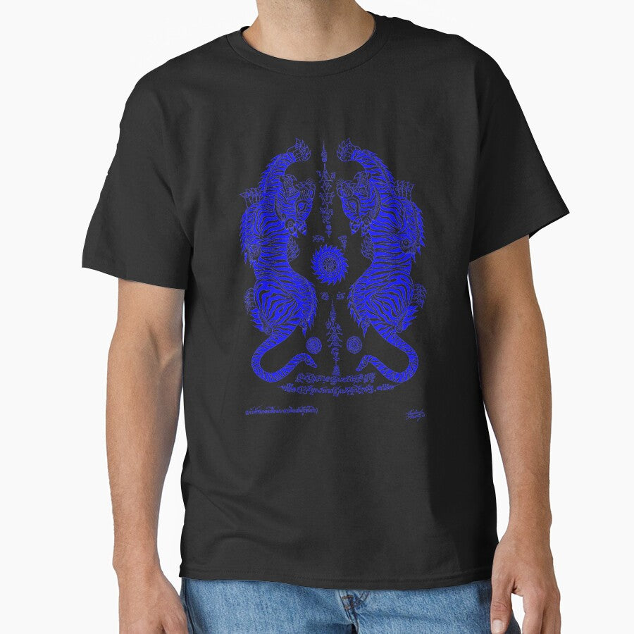Thai traditional art of Talisman Tiger Leap (Tiger pairs) Blue color. by AmornGallery
