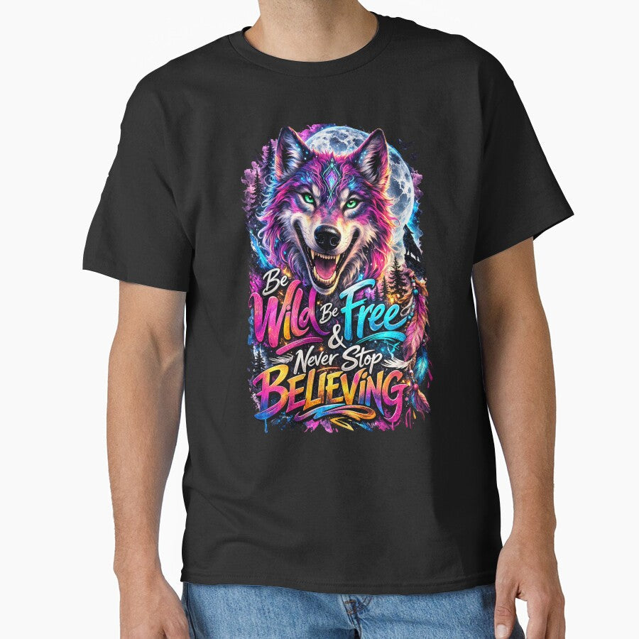 Be Wild Be Free Wolf Shirt – Colorful Spirit Wolf Motivation Graphic Tee by vampbabe54