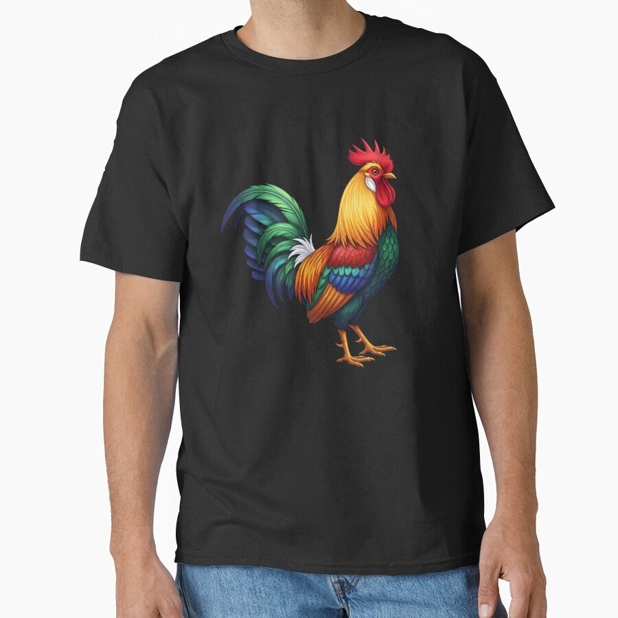 A colorful rooster with vibrant feathers stands proudly by NutmegsDesign