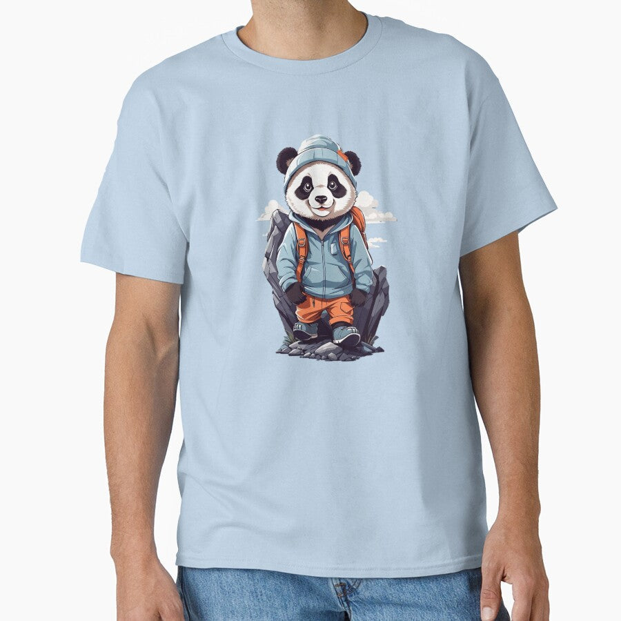 Sweet smiling young panda hiking in the mountains cartoon comic graphic for kids by CedricNorbinho
