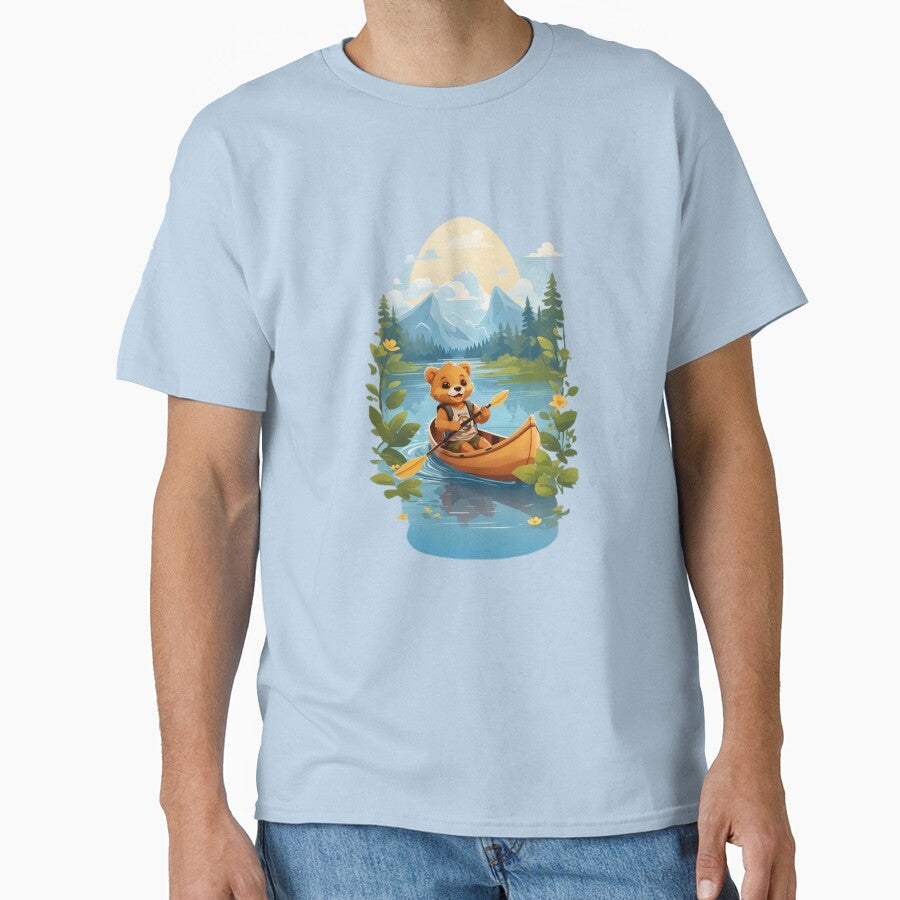 Sweet smiling bear cub in canoe on lake comic cartoon graphic art for kids by CedricNorbinho