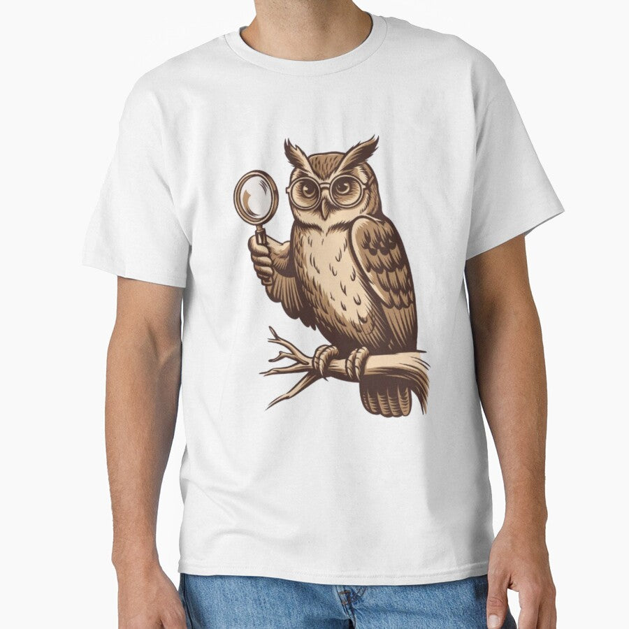 A vintage logo of an owl wearing glasses and holding a magnifying glass with its right wing. by 123ks