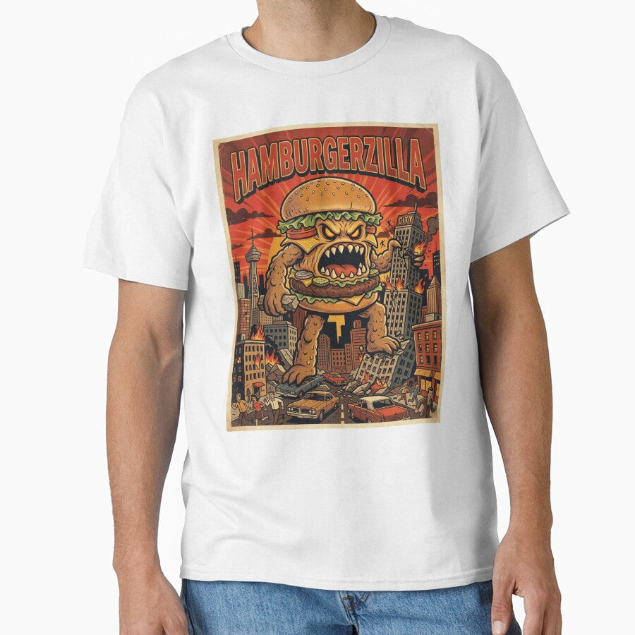 Hamburgerzilla Retro Monster Art Funny Giant Burger Destroying City by d247