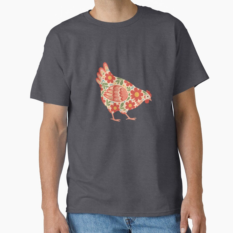Floral Chicken in Red and Orange – Scandinavian Folk Art by heidiannemorris © by FOLK ART FUSION by heidiannemorris