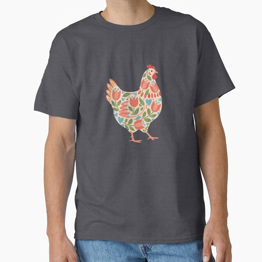 Tulip Chicken with Blue Hearts – Scandinavian Folk Art by heidiannemorris © by FOLK ART FUSION by heidiannemorris