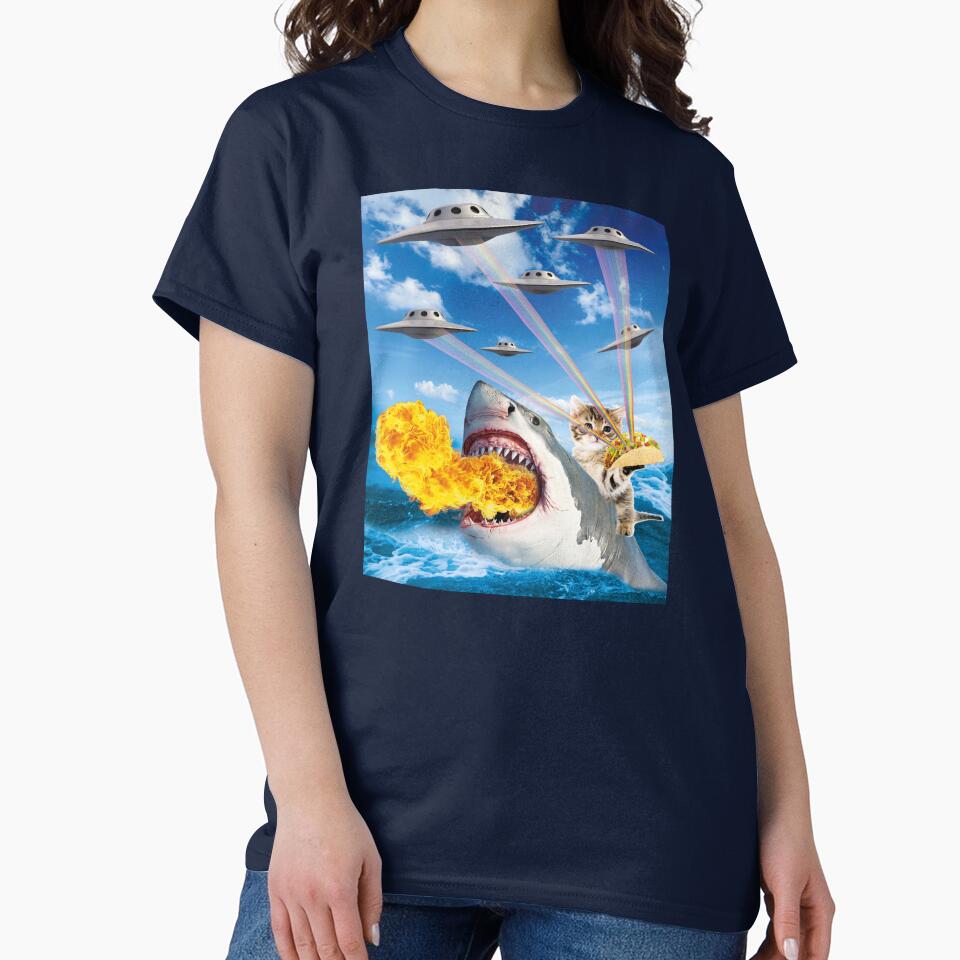 Cat Riding Fire Breathing Shark Rainbow Laser Taco  graphic by banwa