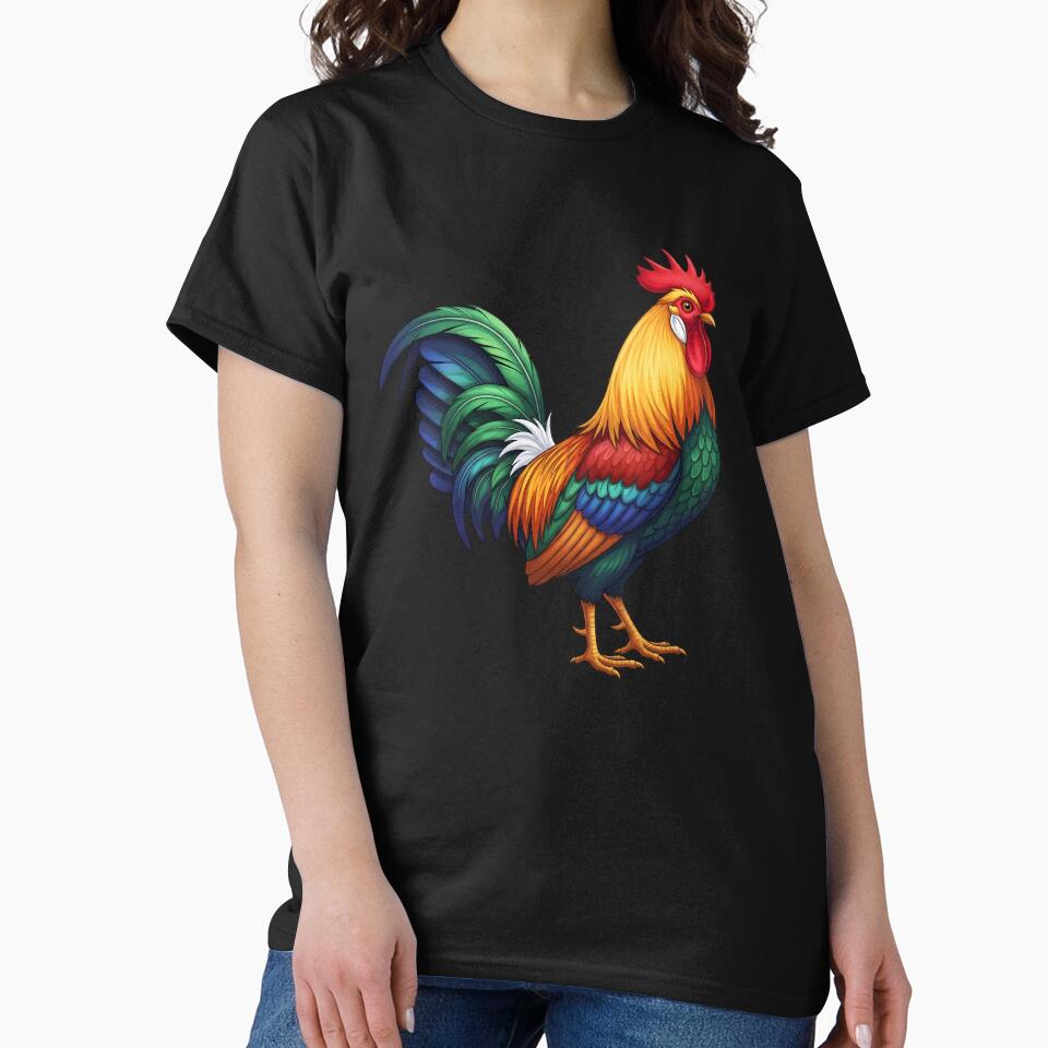 A colorful rooster with vibrant feathers stands proudly by NutmegsDesign