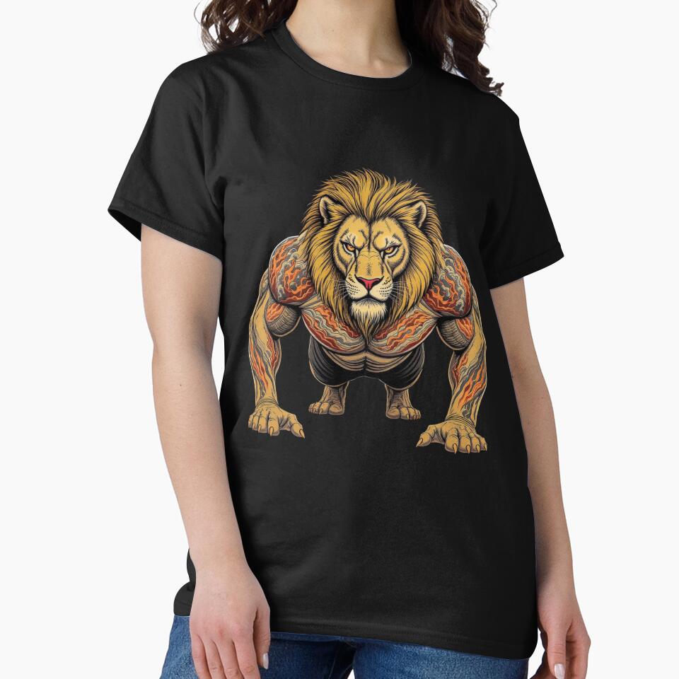 Lion Alpha Strength Tattoo Art | One Finger Push Up Lion Gym Design | Japanese Irezumi Fitness Illustration by ColorSplash123