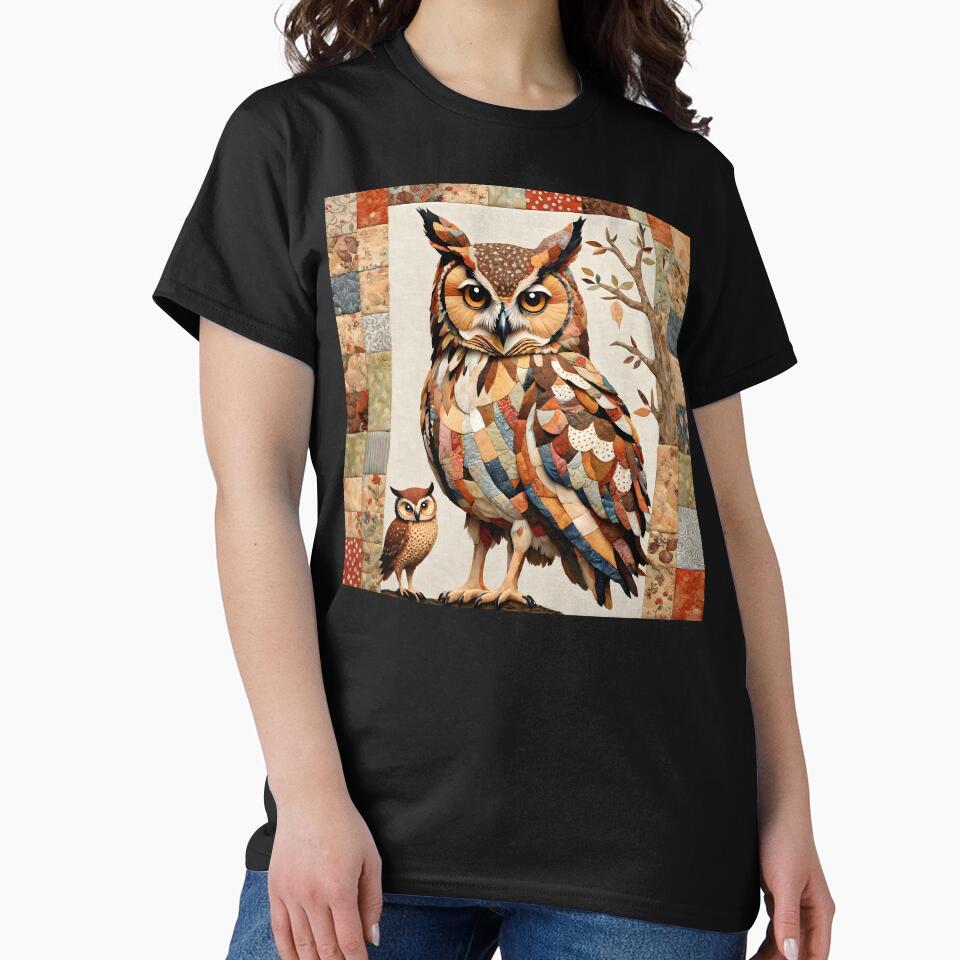 owl with owlet patchwork collage, art color illustration by Niktarka