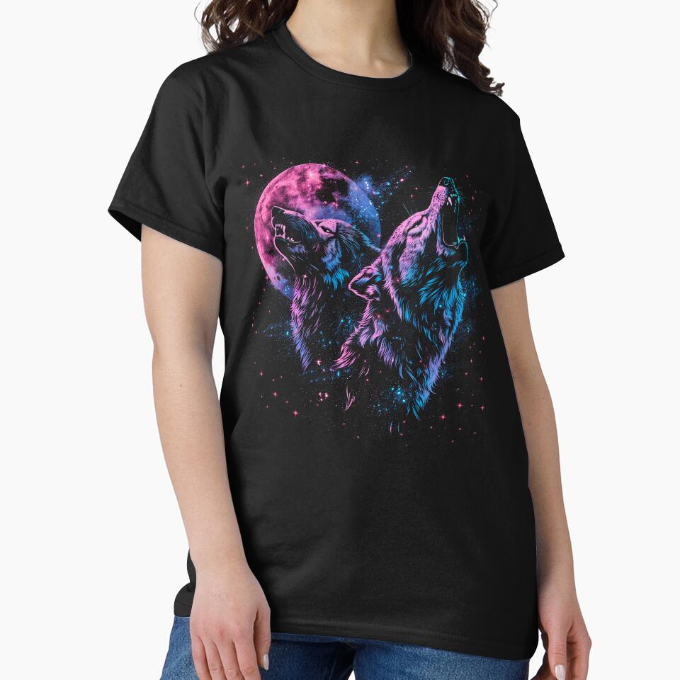 Howling Wolves Moon T-Shirt – Neon Galaxy Wolf Desig by PSYNOVA