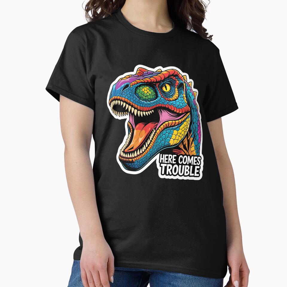 Colorful T-Rex Dinosaur Head - Here Comes Trouble by KaternArt