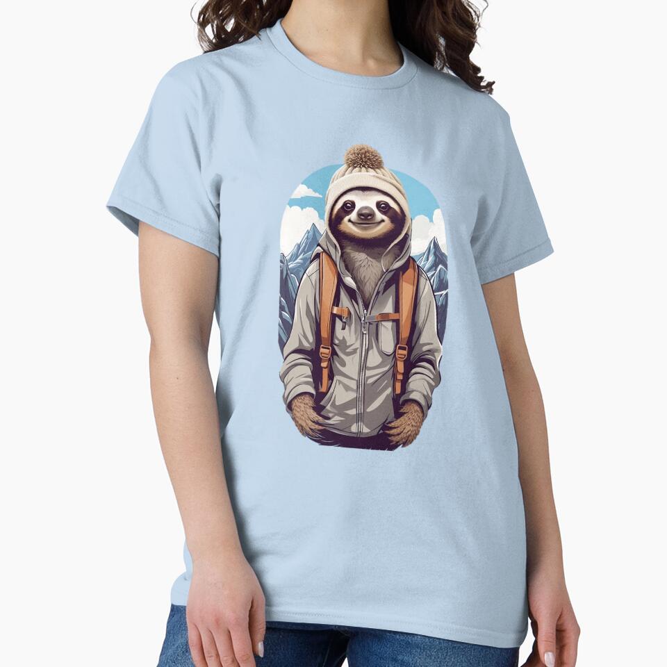 Young smiling sloth hiking in the mountains cartoon comic graphic for kids by CedricNorbinho
