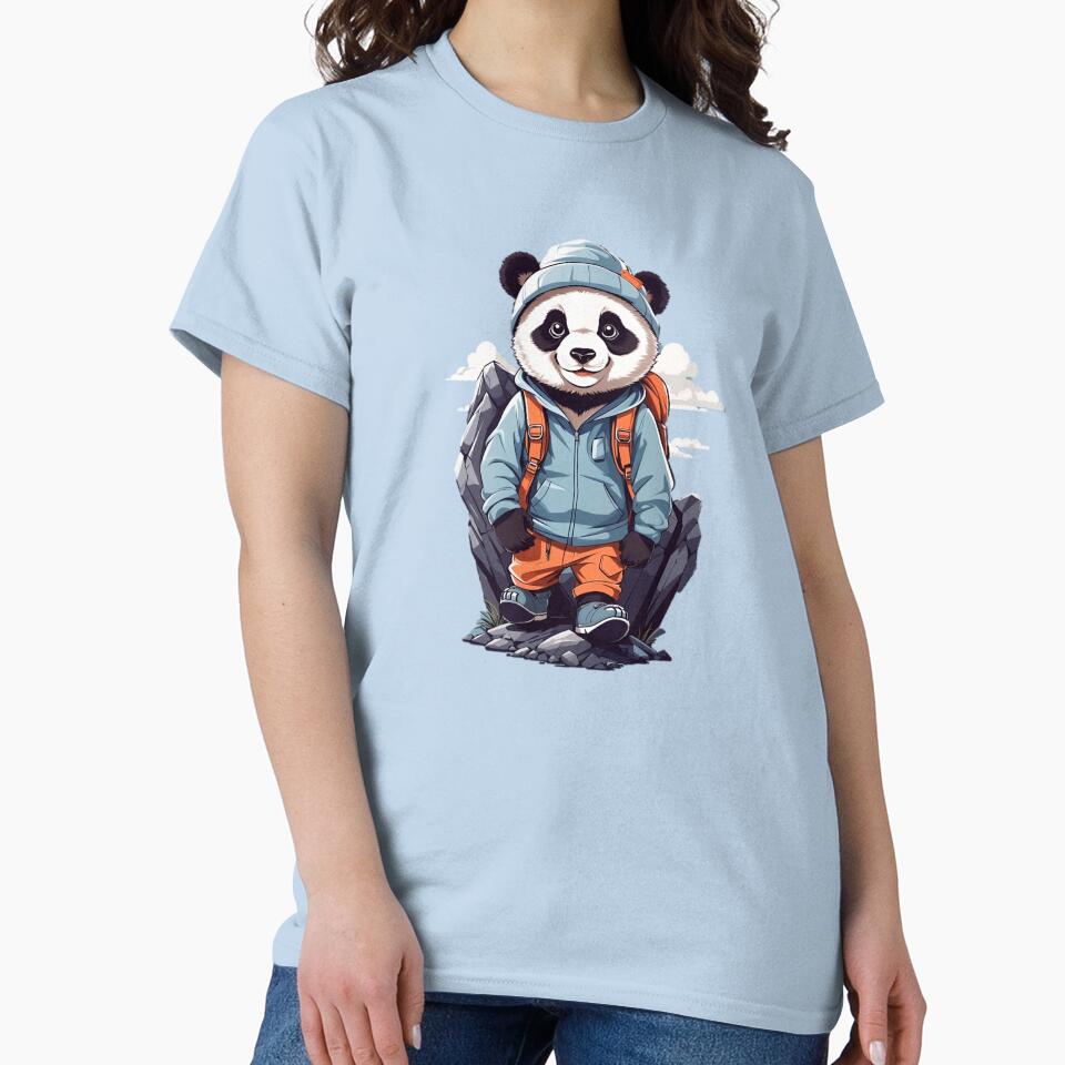 Sweet smiling young panda hiking in the mountains cartoon comic graphic for kids by CedricNorbinho