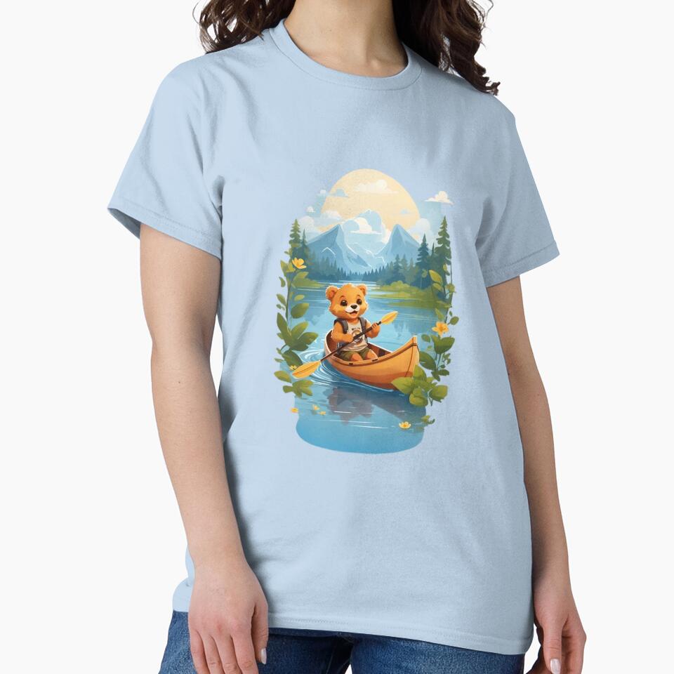 Sweet smiling bear cub in canoe on lake comic cartoon graphic art for kids by CedricNorbinho