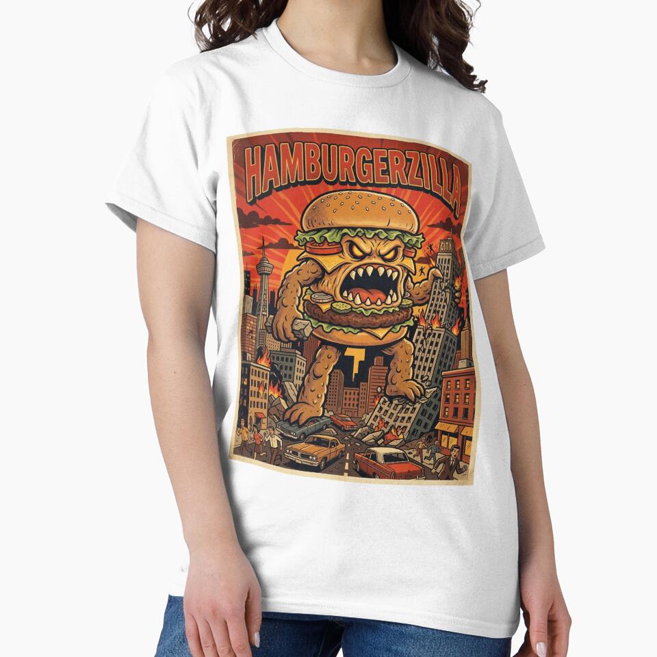 Hamburgerzilla Retro Monster Art Funny Giant Burger Destroying City by d247