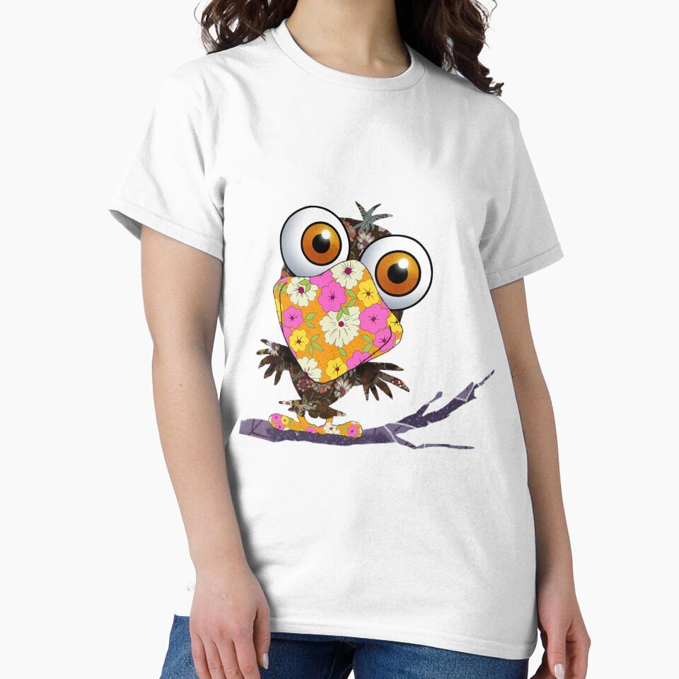 "Whimsical Floral Owl with Big Eyes on Branch - Cute and Quirky Cartoon Art by Psycho-Crazy