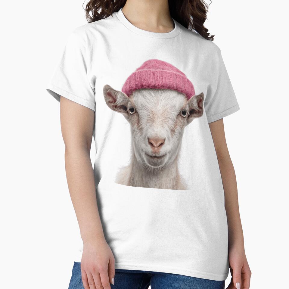 Cozy Goat Wearing Pink Winter Hat Trendy Animal Fashion Artwork by LazyOwlStore