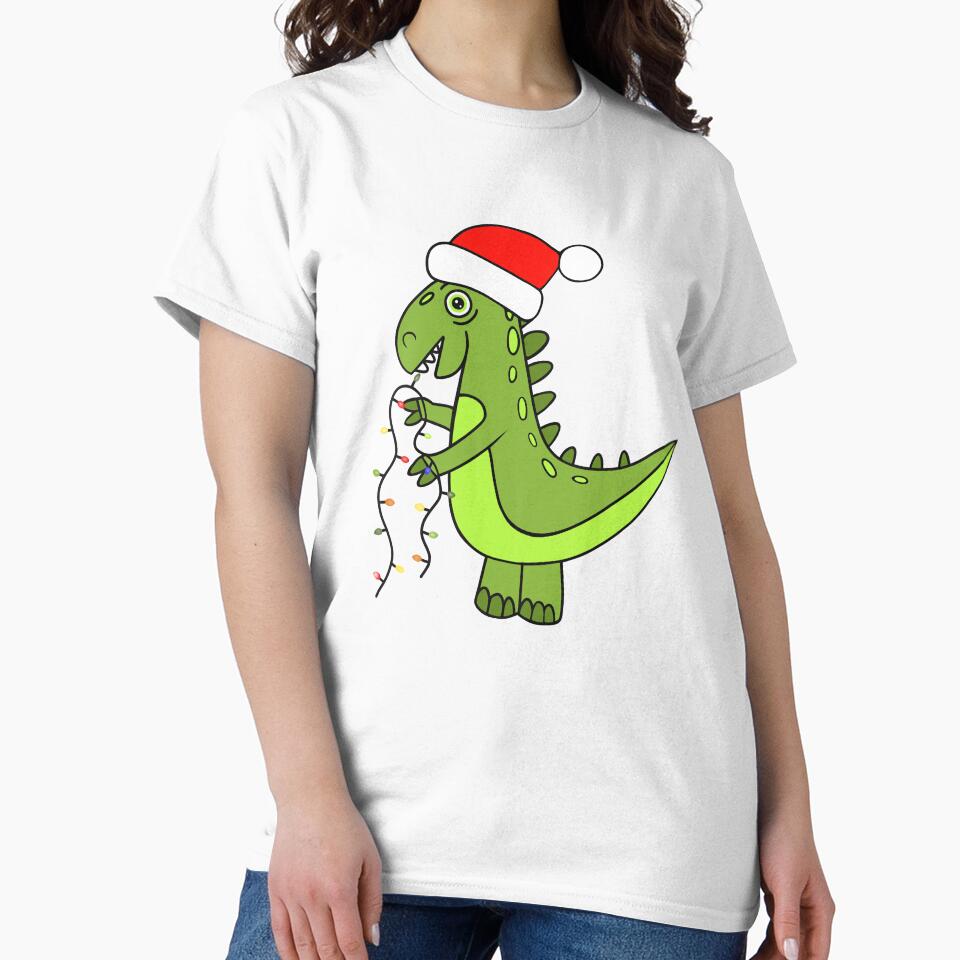 Funny Green Dinosaur Wearing A Santa Hat by Sartoris Art