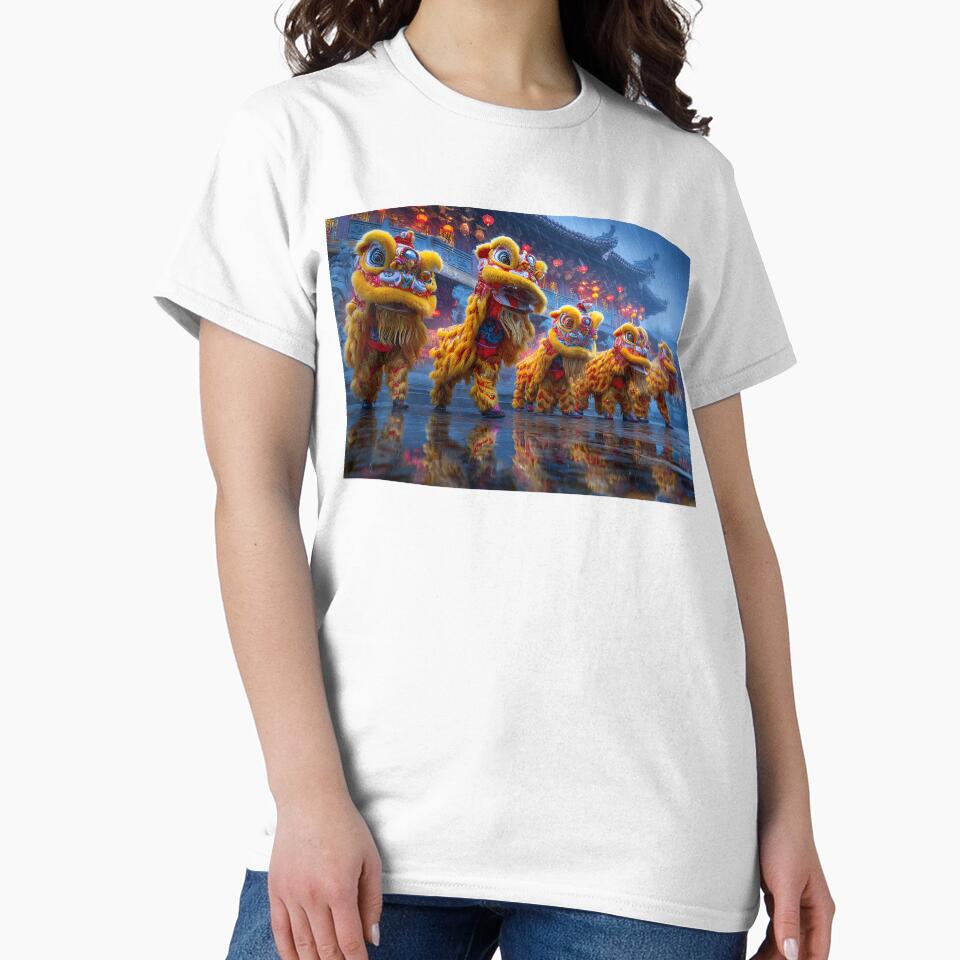 Vibrant Lion Dance Amidst Rainy Festival Atmosphere by Artessie