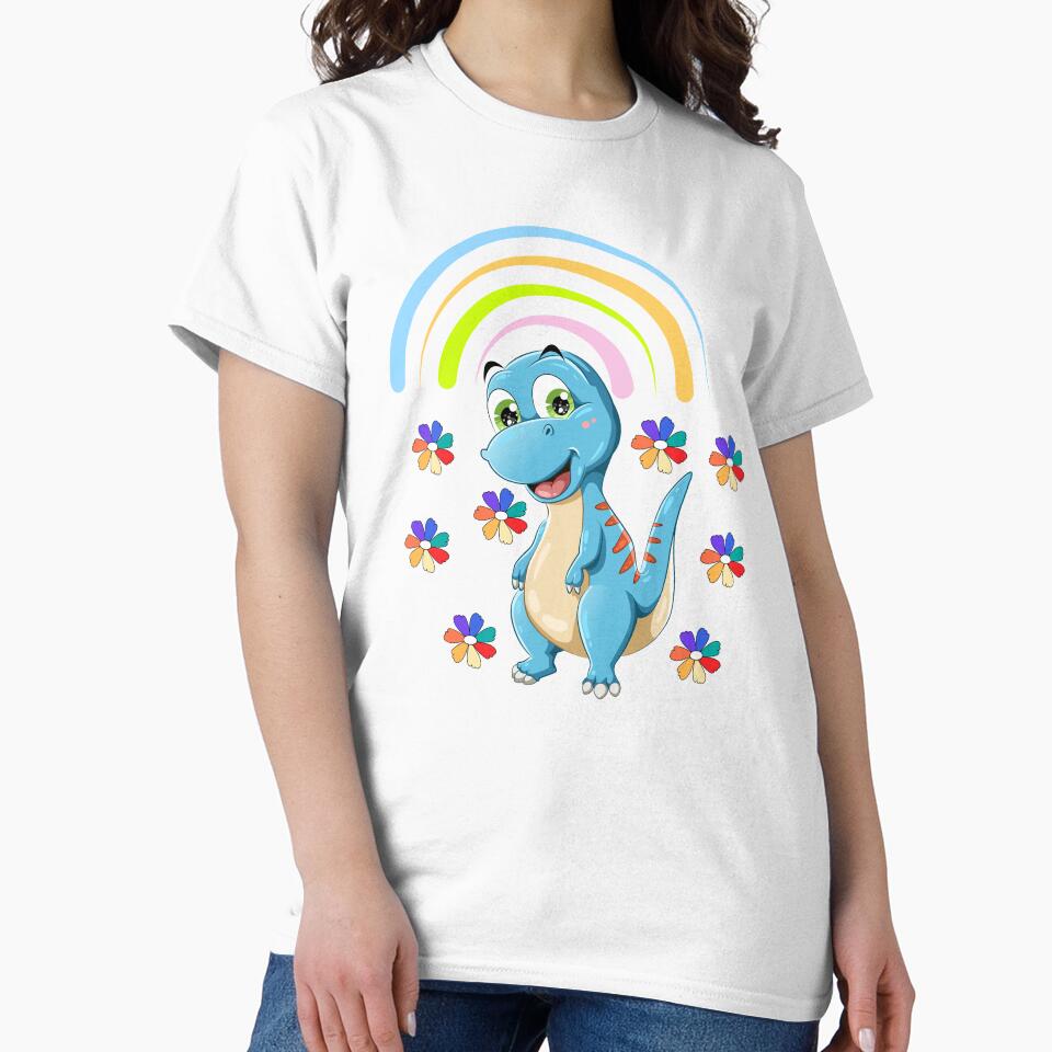 Friendly Blue Dinosaur with Rainbow & Flowers – Cute Cartoon Illustration by Love3Happy