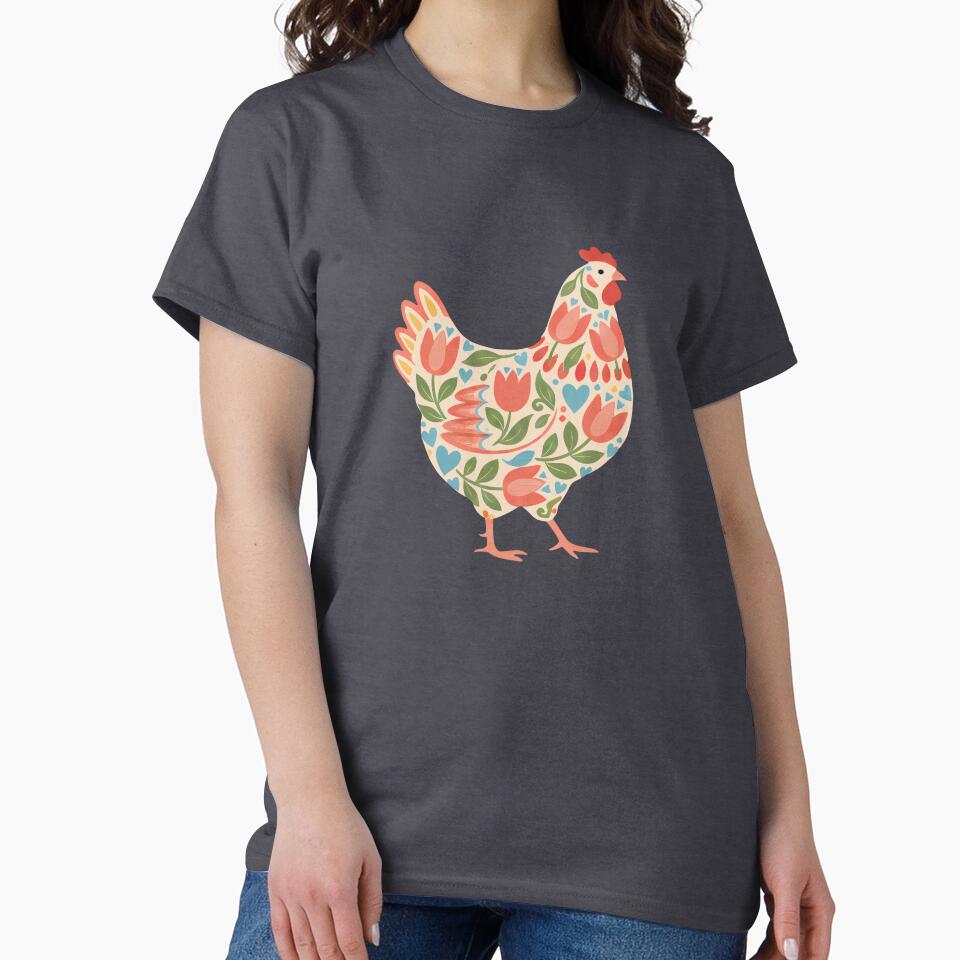 Tulip Chicken with Blue Hearts – Scandinavian Folk Art by heidiannemorris © by FOLK ART FUSION by heidiannemorris