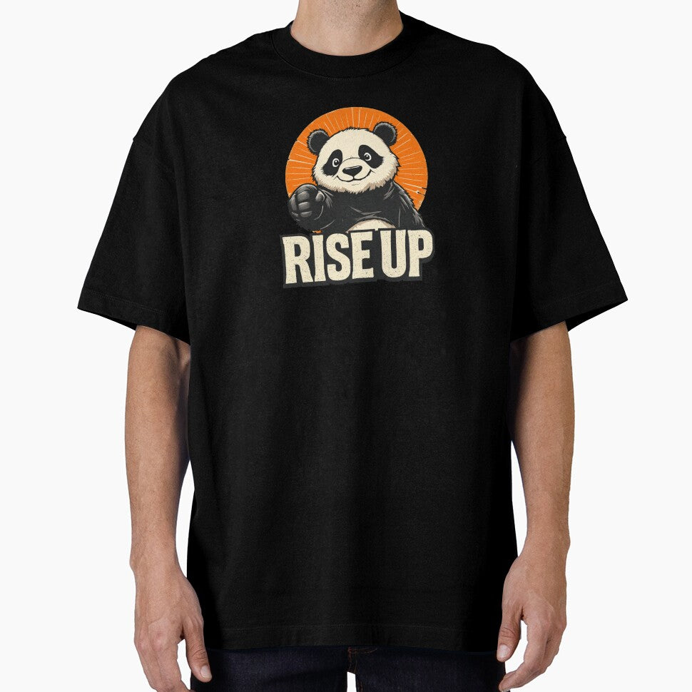 Rise Up – Determined Panda with Sunrise Burst & Bold Message by teevoxx