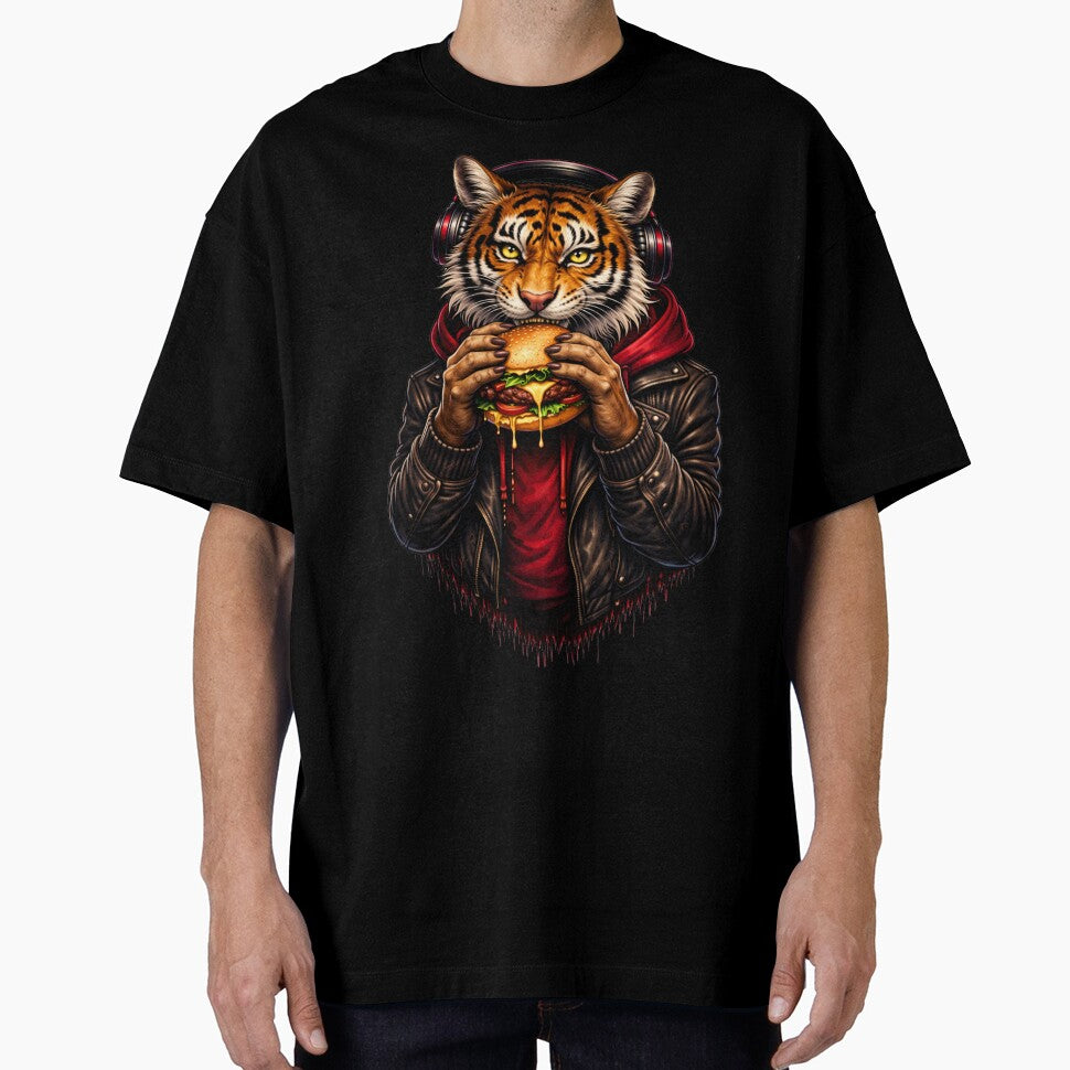 Street Tiger Eating Cheeseburger – Cool Urban Animal Hoodie Art by ColorSplash123