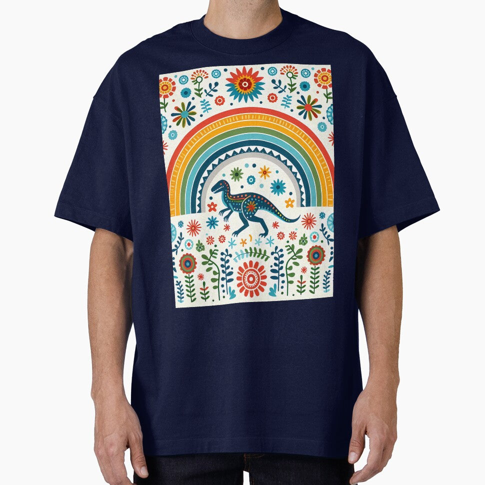 Cute Raptor Dinosaur with Rainbow and Flowers - Scandinavian Folk Art by heidiannemorris © by FOLK ART FUSION by heidiannemorris