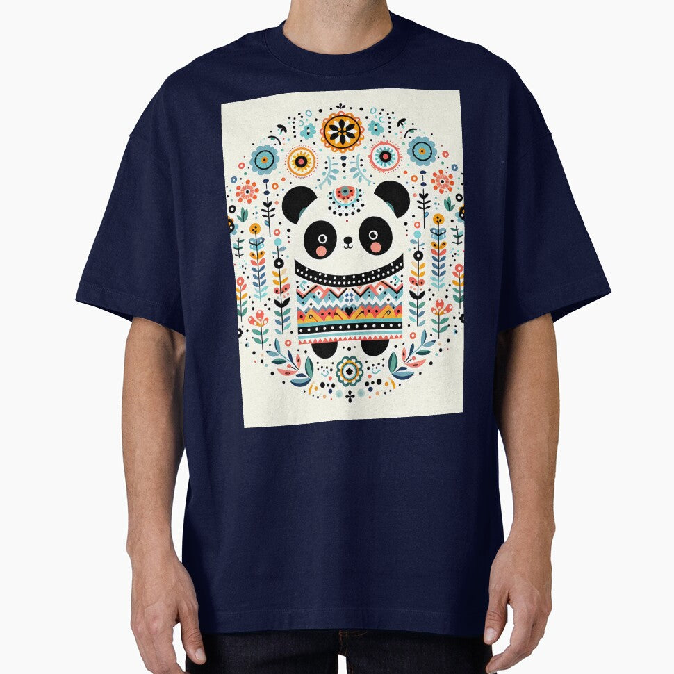 Adorable Panda Bear Surrounded by Folk Art Botanicals - Scandinavian Folk Art by heidiannemorris © by FOLK ART FUSION by heidiannemorris