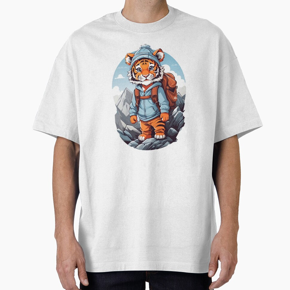 Young smiling tiger cub adventurer hiking in the mountains cartoon comic art for kids by CedricNorbinho