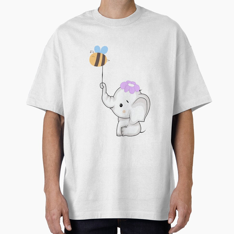 Baby Elephant with Flower and Bee - Cute White Elephant with Friendly Bee by Love3Happy