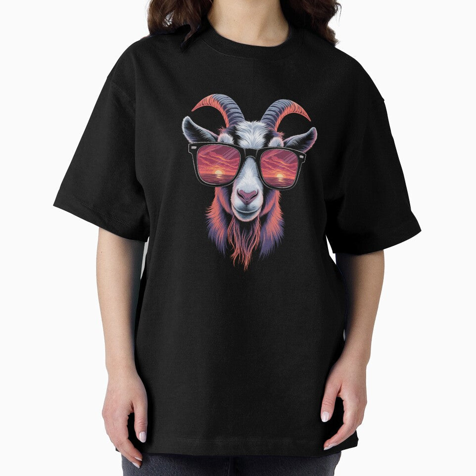 Cool goat with sunglasses – Stylish retro design with sunset by Globuwear