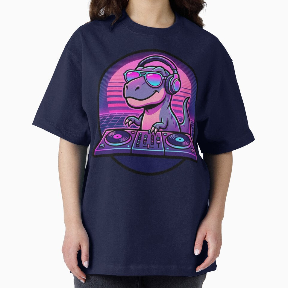 Сool Retro DJ T Rex with sunglasses Synthwave Sunset by crazygoose30