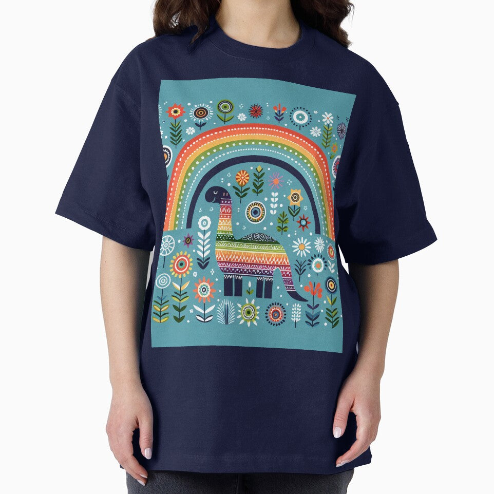 Cute Diplodocus Dinosaur with Rainbow and Flowers - Scandinavian Folk Art by heidiannemorris © by FOLK ART FUSION by heidiannemorris