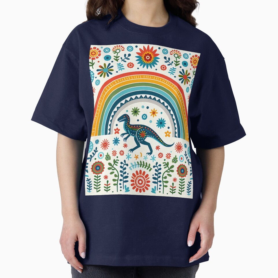 Cute Raptor Dinosaur with Rainbow and Flowers - Scandinavian Folk Art by heidiannemorris © by FOLK ART FUSION by heidiannemorris