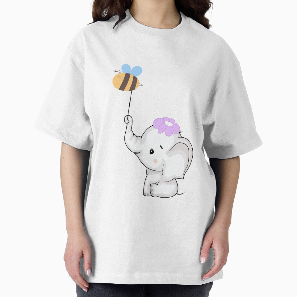 Baby Elephant with Flower and Bee - Cute White Elephant with Friendly Bee by Love3Happy