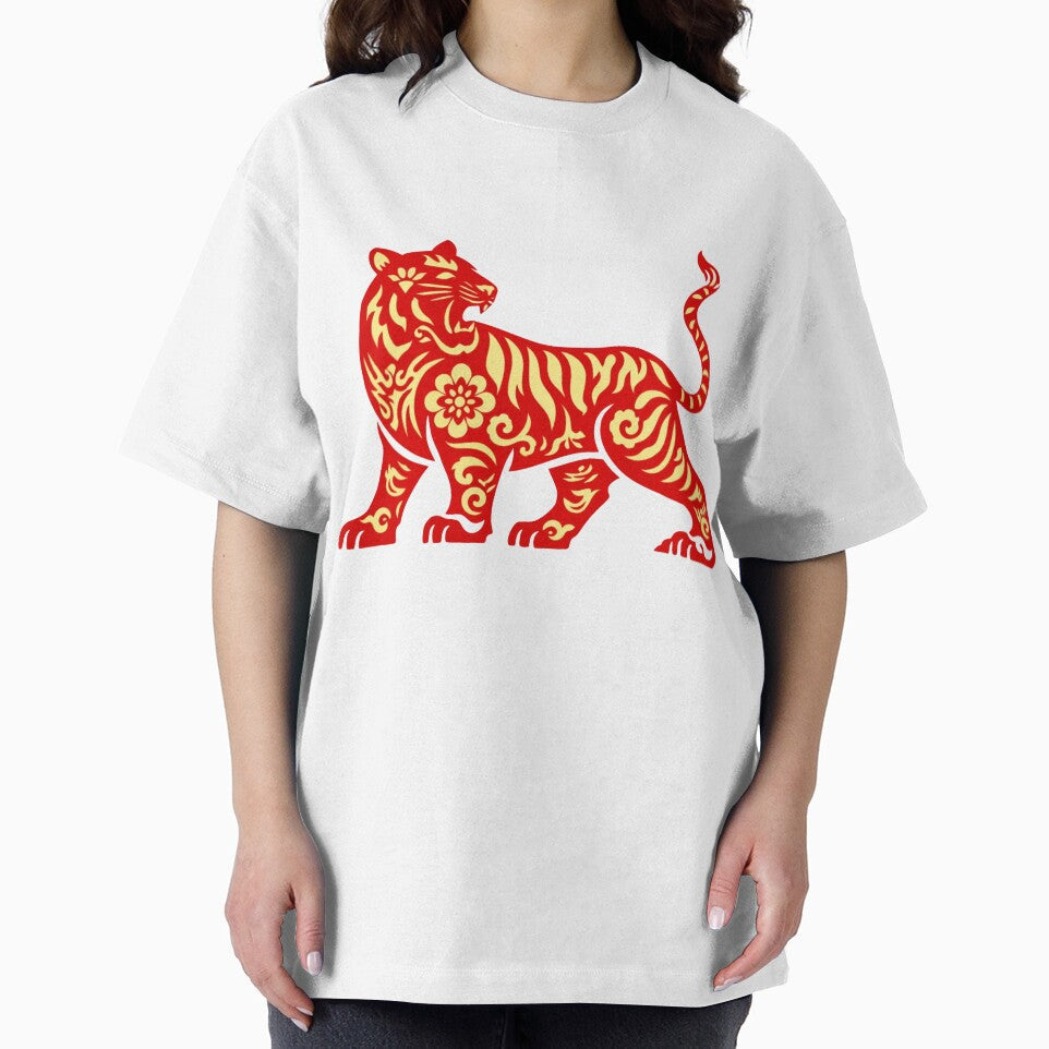 Lunar New Year Tiger Zodiac Papercut Art, Red Gold Chinese New Year Tiger Illustration, Year of the Tiger Design by Vendeloc