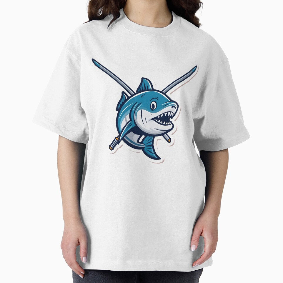 Savage Shark Warrior with Crossed Swords – Cartoon Predator Illustration by Kavya Art